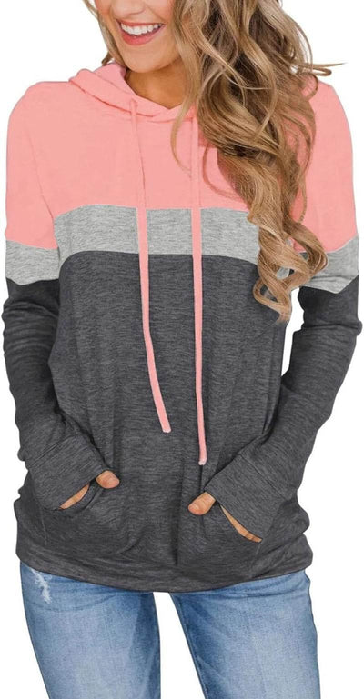 Shaan Dynasty Women's Color Block Fall Hoodie – Casual Pullover Sweatshirt with Pocket (Pink) - Shaan Dynasty 