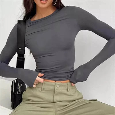 Shaan Dynasty Women's Slim Fit Long Sleeve Crop Top – Solid Color Casual Tee for Spring & Autumn - Shaan Dynasty 