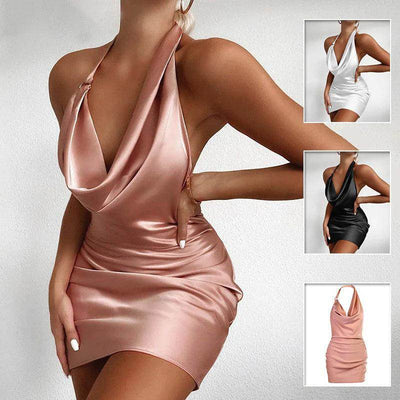 Sleek satin Shaan Dynasty elegant sleeveless backless mini dress with halter neck in blush pink and color variants white and black