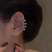 Shaan Dynasty Silver Pearl Ear Cuff clip-on earring with vintage crystal zircon and faux pearls for women, no piercing needed.