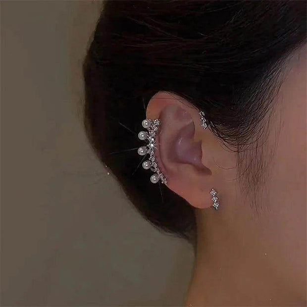 Shaan Dynasty Silver Pearl Ear Cuff – No Piercing Vintage Crystal Zircon Clip-On Earring for Women - Shaan Dynasty 