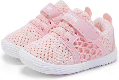 Pink breathable mesh baby first walker sneakers with adjustable strap and flexible white rubber sole