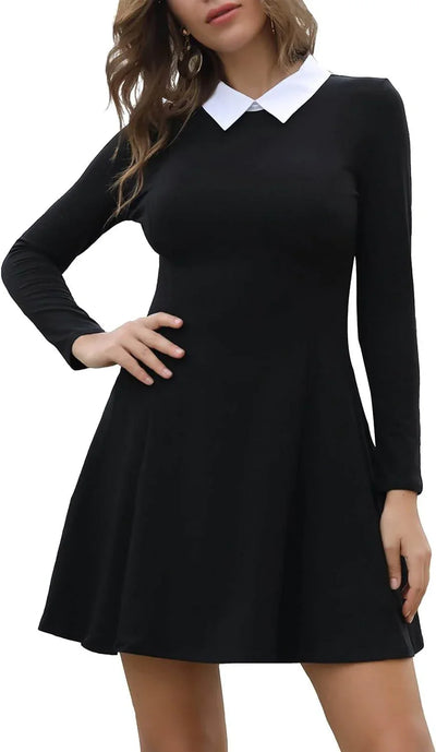 Shaan Dynasty Women's Gothic A-Line Skater Dress – Long Sleeve Peter Pan Collar Fit & Flare Mini for Fall 2025 - Shaan Dynasty 