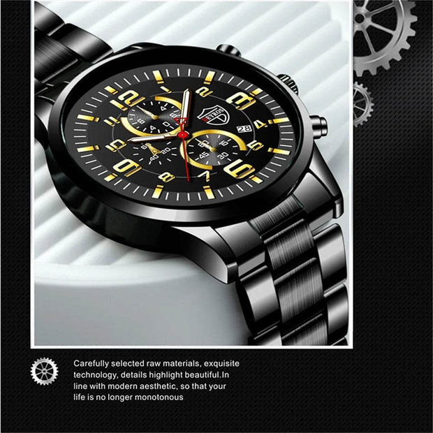 Shaan Dynasty 2025 Men’s Luxury Quartz Watch – Stainless Steel Case, Leather Strap, Calendar & Luminous Sports Design - Shaan Dynasty 