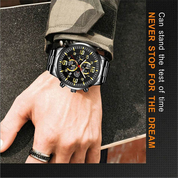 Shaan Dynasty 2025 Men’s Luxury Quartz Watch – Stainless Steel Case, Leather Strap, Calendar & Luminous Sports Design - Shaan Dynasty 
