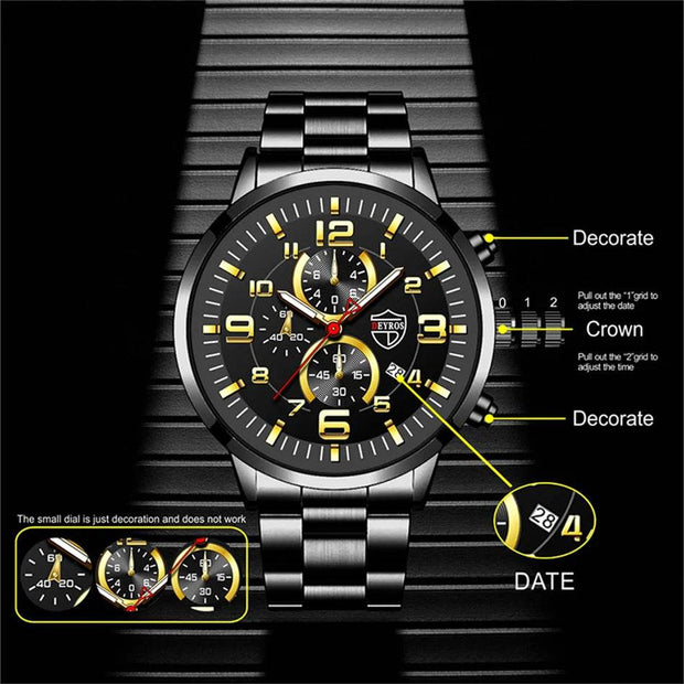 Shaan Dynasty 2025 Men’s Luxury Quartz Watch – Stainless Steel Case, Leather Strap, Calendar & Luminous Sports Design - Shaan Dynasty 