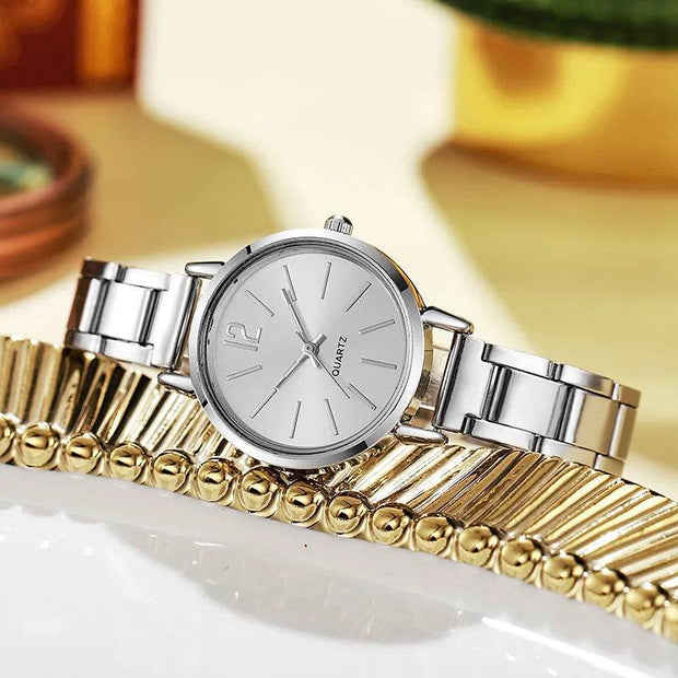 Shaan Dynasty 2PCS Women’s Luxury Watch & Bracelet Set – Quartz Gold Wristwatch with Hollow Strap & Minimalist Dial - Shaan Dynasty 