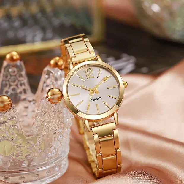 Shaan Dynasty 2PCS Women’s Luxury Watch & Bracelet Set – Quartz Gold Wristwatch with Hollow Strap & Minimalist Dial - Shaan Dynasty 