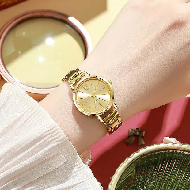 Shaan Dynasty 2PCS Women’s Luxury Watch & Bracelet Set – Quartz Gold Wristwatch with Hollow Strap & Minimalist Dial - Shaan Dynasty 