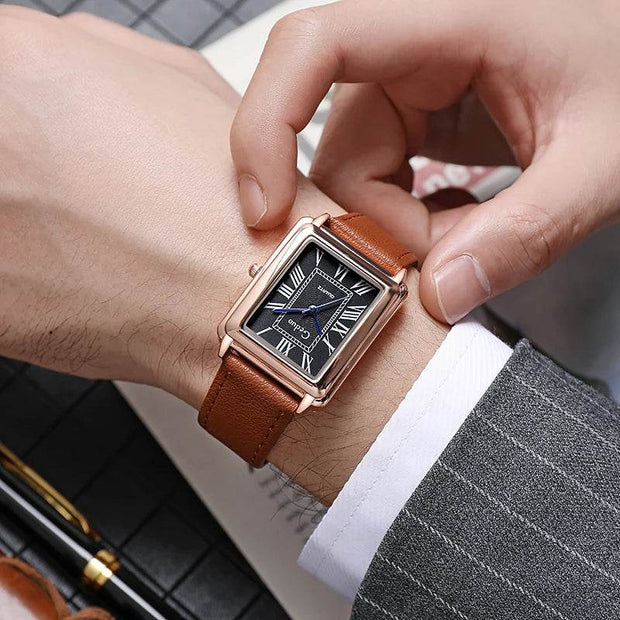 Shaan Dynasty 2025 Men’s Rectangle Quartz Watch – Designer Leather Strap, Luxury Business Wristwatch - Shaan Dynasty 
