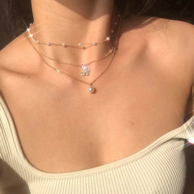 Shaan Dynasty 3-Piece Gold Layered Necklace Set – Pearl Chain with Butterfly Pendant - Shaan Dynasty 