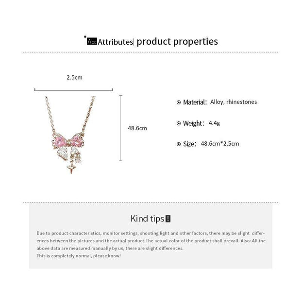 Shaan Dynasty Pink Bow & Star Pendant Necklace – Delicate Rhinestone Clavicle Chain for Women - Shaan Dynasty 