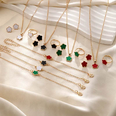 Shaan Dynasty Lucky Clover Jewelry Set – 4-Piece Necklace, Earrings, Ring & Bracelet for Women - Shaan Dynasty 