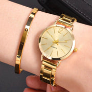 Shaan Dynasty 2PCS Women’s Luxury Watch & Bracelet Set – Quartz Gold Wristwatch with Hollow Strap & Minimalist Dial - Shaan Dynasty 