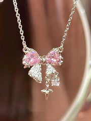 Shaan Dynasty Pink Bow & Star Pendant Necklace – Delicate Rhinestone Clavicle Chain for Women - Shaan Dynasty 