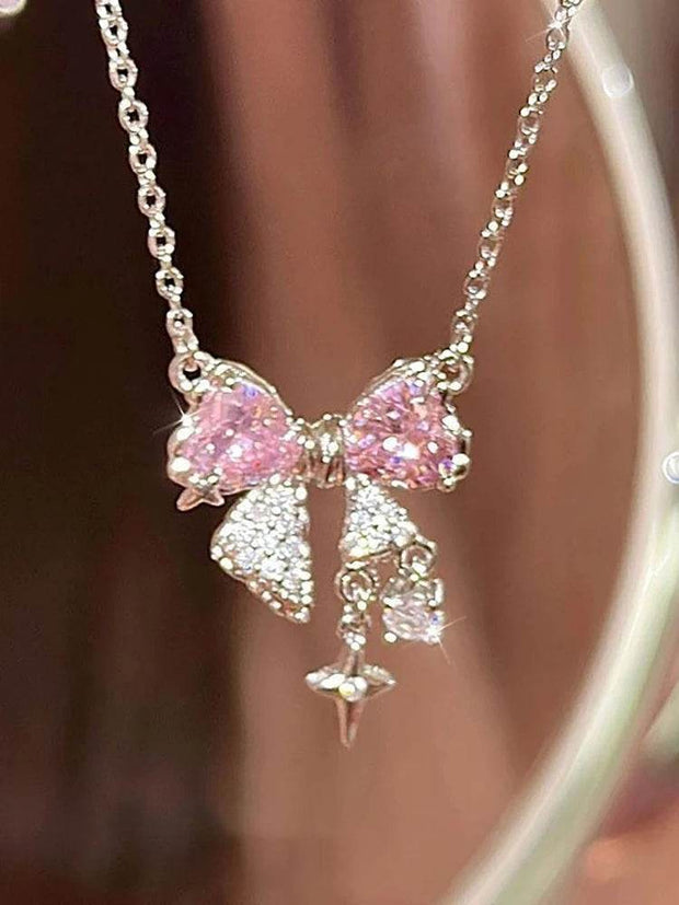 Shaan Dynasty Pink Bow & Star Pendant Necklace – Delicate Rhinestone Clavicle Chain for Women - Shaan Dynasty 