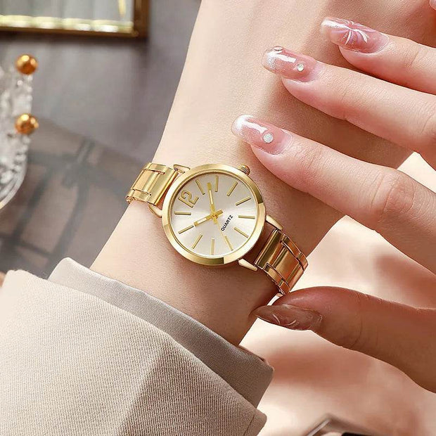 Shaan Dynasty 2PCS Women’s Luxury Watch & Bracelet Set – Quartz Gold Wristwatch with Hollow Strap & Minimalist Dial - Shaan Dynasty 