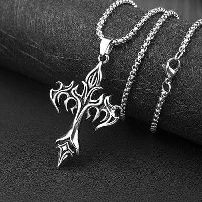Shaan Dynasty Flame Cross Pendant Necklace – Gothic Stainless Steel Jewelry for Men & Women - Shaan Dynasty 