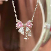 Shaan Dynasty Pink Bow & Star Pendant Necklace – Delicate Rhinestone Clavicle Chain for Women - Shaan Dynasty 