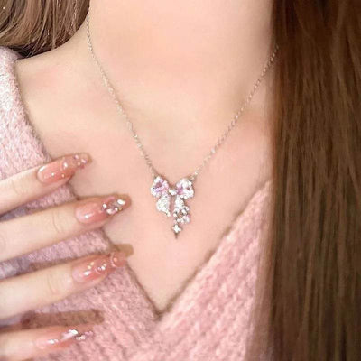 Shaan Dynasty Pink Bow & Star Pendant Necklace – Delicate Rhinestone Clavicle Chain for Women - Shaan Dynasty 