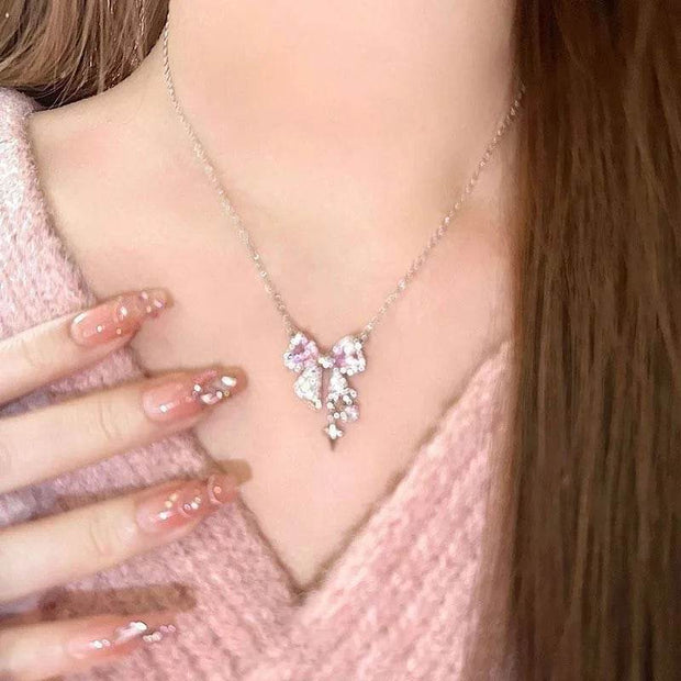 Shaan Dynasty Pink Bow & Star Pendant Necklace – Delicate Rhinestone Clavicle Chain for Women - Shaan Dynasty 