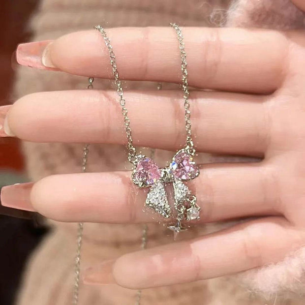 Shaan Dynasty Pink Bow & Star Pendant Necklace – Delicate Rhinestone Clavicle Chain for Women - Shaan Dynasty 