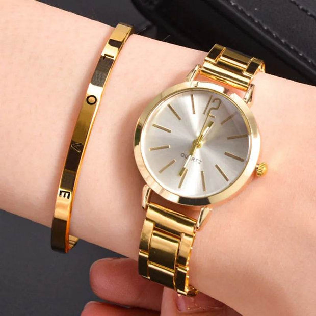 Shaan Dynasty 2PCS Women’s Luxury Watch & Bracelet Set – Quartz Gold Wristwatch with Hollow Strap & Minimalist Dial - Shaan Dynasty 