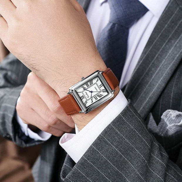 Shaan Dynasty 2025 Men’s Rectangle Quartz Watch – Designer Leather Strap, Luxury Business Wristwatch - Shaan Dynasty 