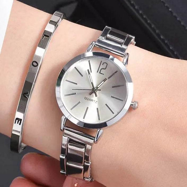 Shaan Dynasty 2PCS Women’s Luxury Watch & Bracelet Set – Quartz Gold Wristwatch with Hollow Strap & Minimalist Dial - Shaan Dynasty 