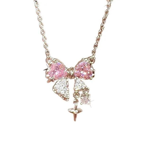 Shaan Dynasty Pink Bow & Star Pendant Necklace – Delicate Rhinestone Clavicle Chain for Women - Shaan Dynasty 