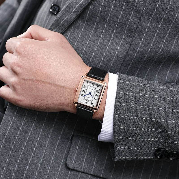 Shaan Dynasty 2025 Men’s Rectangle Quartz Watch – Designer Leather Strap, Luxury Business Wristwatch - Shaan Dynasty 