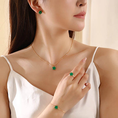 Shaan Dynasty Lucky Clover Jewelry Set – 4-Piece Necklace, Earrings, Ring & Bracelet for Women - Shaan Dynasty 