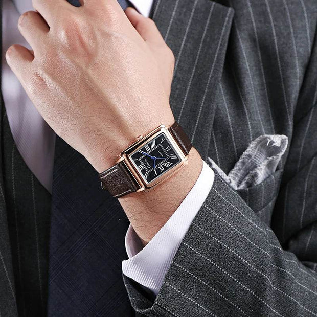 Shaan Dynasty 2025 Men’s Rectangle Quartz Watch – Designer Leather Strap, Luxury Business Wristwatch - Shaan Dynasty 