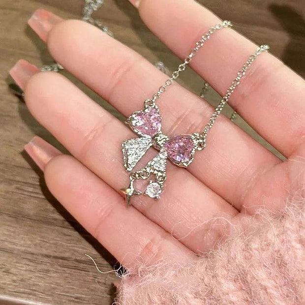 Shaan Dynasty Pink Bow & Star Pendant Necklace – Delicate Rhinestone Clavicle Chain for Women - Shaan Dynasty 