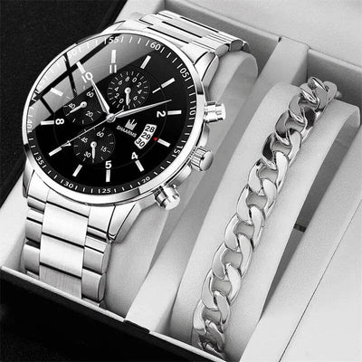 Shaan Dynasty Men’s Luxury Quartz Watch Set – Stainless Steel Calendar Wristwatch with Bracelet, Business & Casual Style - Shaan Dynasty 