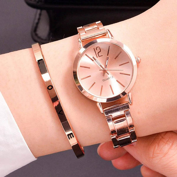Shaan Dynasty 2PCS Women’s Luxury Watch & Bracelet Set – Quartz Gold Wristwatch with Hollow Strap & Minimalist Dial - Shaan Dynasty 
