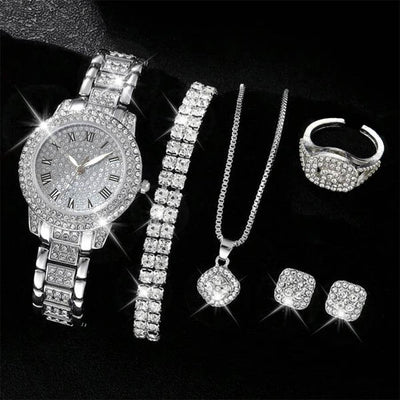Shaan Dynasty 6PCS Women’s Luxury Watch & Bracelet Set – Crystal Quartz Wristwatch with Rhinestone Jewelry - Shaan Dynasty 