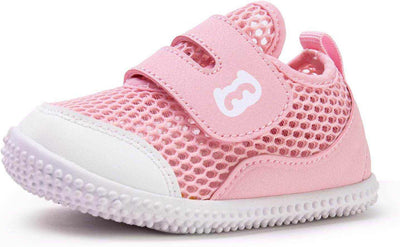 Pink toddler baby mesh sneaker with breathable upper, non-slip sole, and hook-and-loop closure for first walkers.
