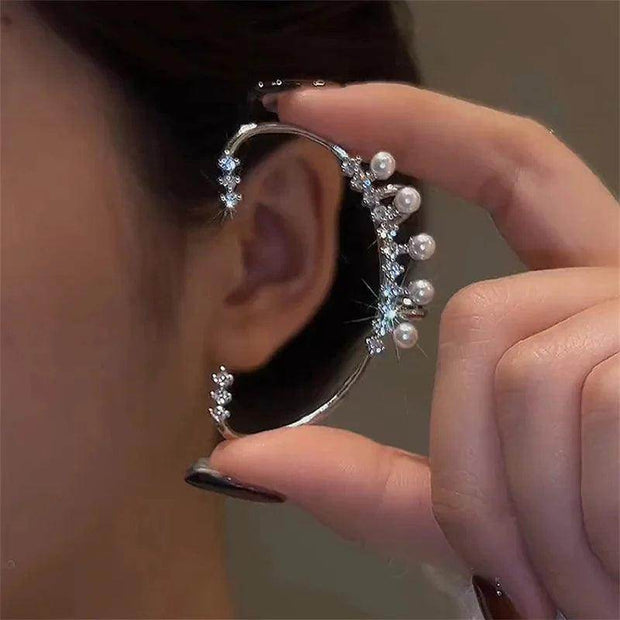 Shaan Dynasty Silver Pearl Ear Cuff – No Piercing Vintage Crystal Zircon Clip-On Earring for Women - Shaan Dynasty 