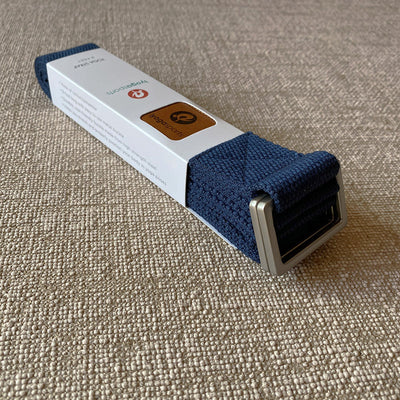High Quality Yoga Strap - 8ft Length Yoga Strap Belt in navy blue with metal buckle and packaging.