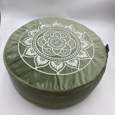 Zen Buckwheat Yoga Cushion - Yoga Pillow with green velvet cover and intricate white mandala design.