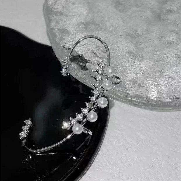 Shaan Dynasty Silver Pearl Ear Cuff – No Piercing Vintage Crystal Zircon Clip-On Earring for Women - Shaan Dynasty 