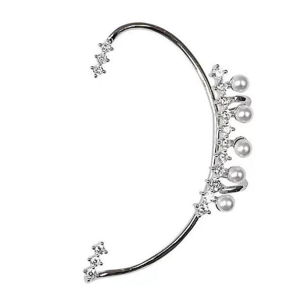Shaan Dynasty Silver Pearl Ear Cuff – No Piercing Vintage Crystal Zircon Clip-On Earring for Women - Shaan Dynasty 