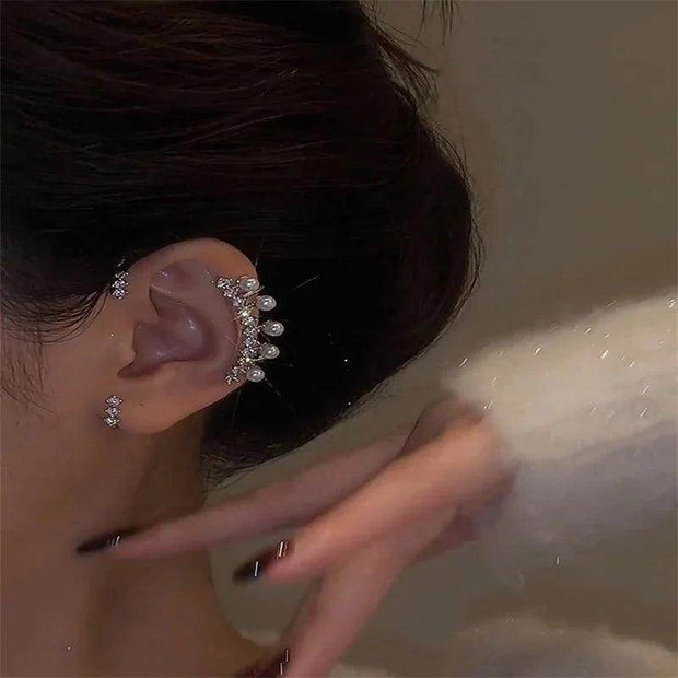Shaan Dynasty Silver Pearl Ear Cuff – No Piercing Vintage Crystal Zircon Clip-On Earring for Women - Shaan Dynasty 