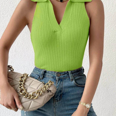 Shaan Dynasty Summer V-Neck Ribbed Knit Crop Top – Sleeveless Polo Collar Y2K Aesthetic (10 Colors) - Shaan Dynasty 