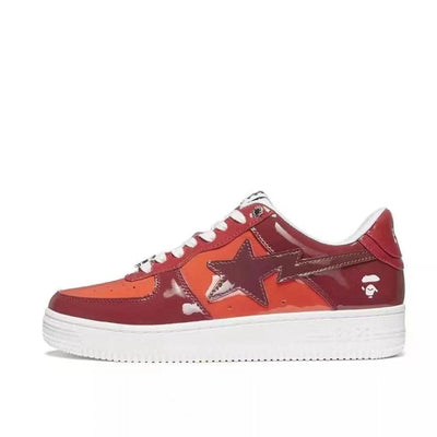 Shaan Dynasty B-APE Ape Head Sneakers in red and orange leather with lightning star logo and white rubber sole, unisex streetwear shoes